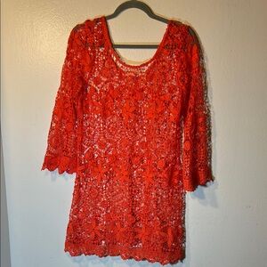 H&M ❤️ Coachella Bright Orange Red Crochet Lace Long-Sleeve Dress Cover Up M/L
